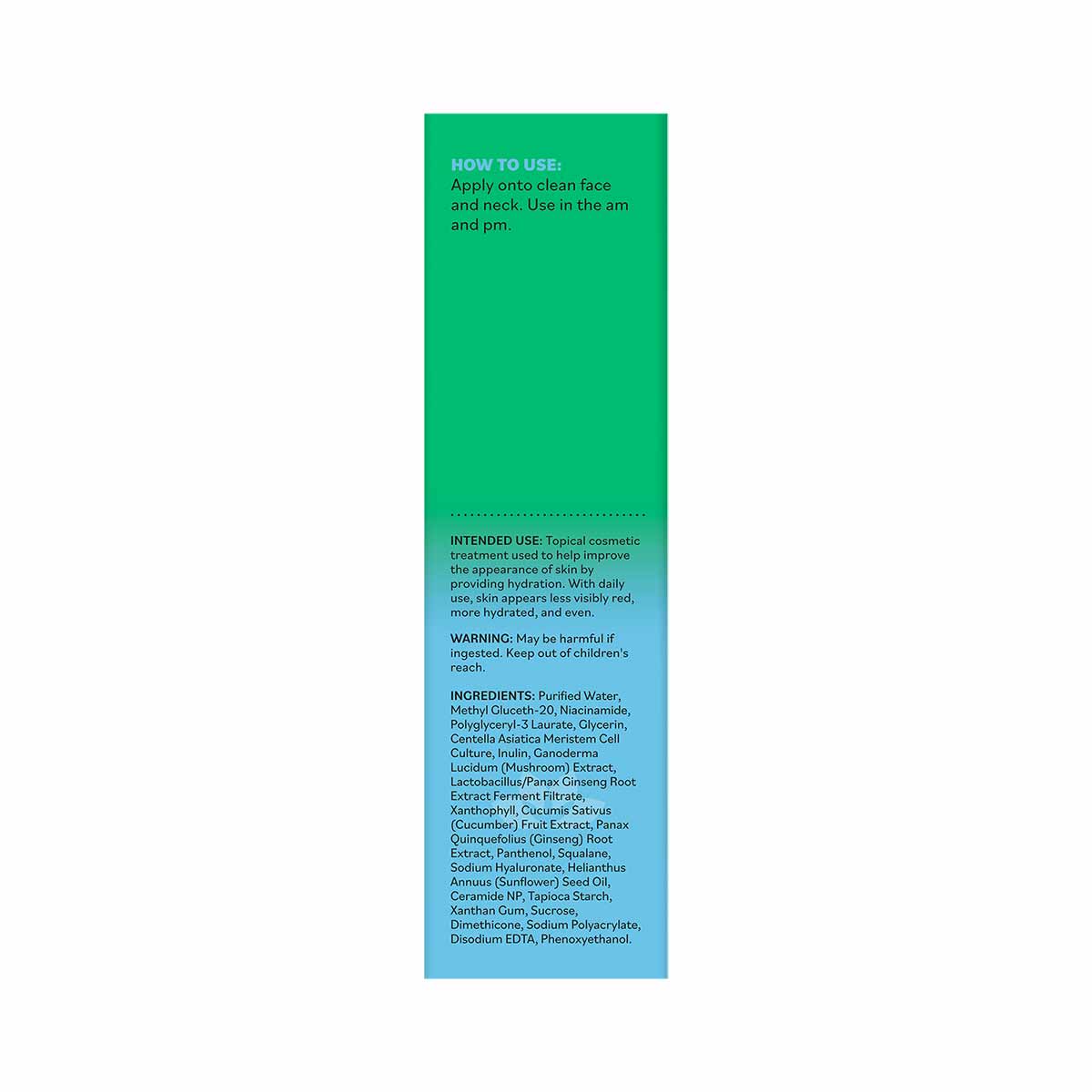 Derma E Daily Restoring Serum product label with green and blue sections displaying usage instructions and ingredient list.