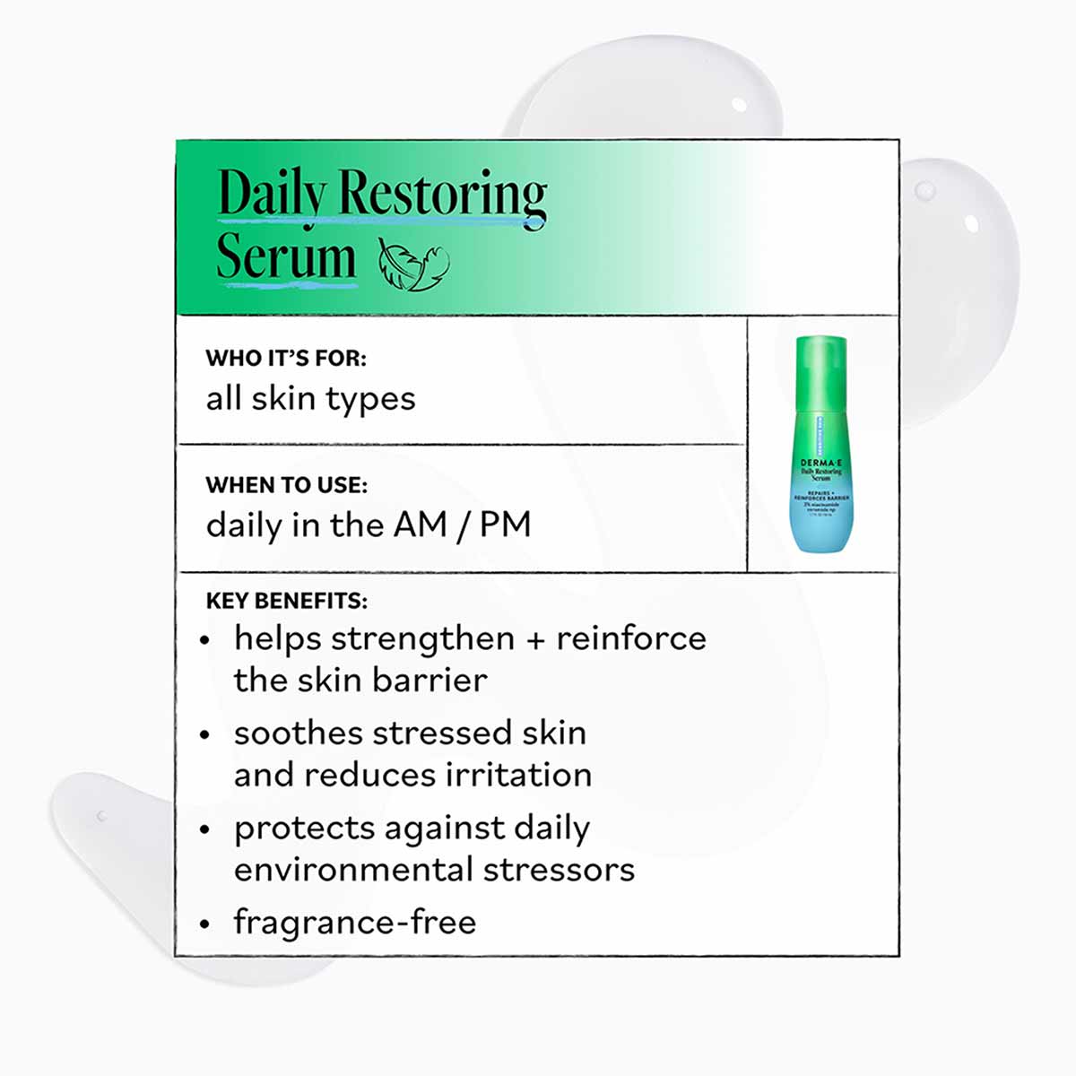 Derma E Daily Restoring Serum bottle with green cap next to informational chart on usage and benefits.