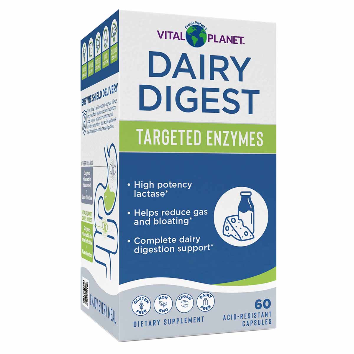 Vital Planet Dairy Digest Targeted Enzymes box with blue and green labeling, containing 60 acid-resistant capsules.