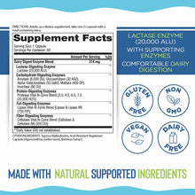 Vital Planet Dairy Digest enzyme supplement label showing directions, supplement facts with lactase and digestive enzymes, an