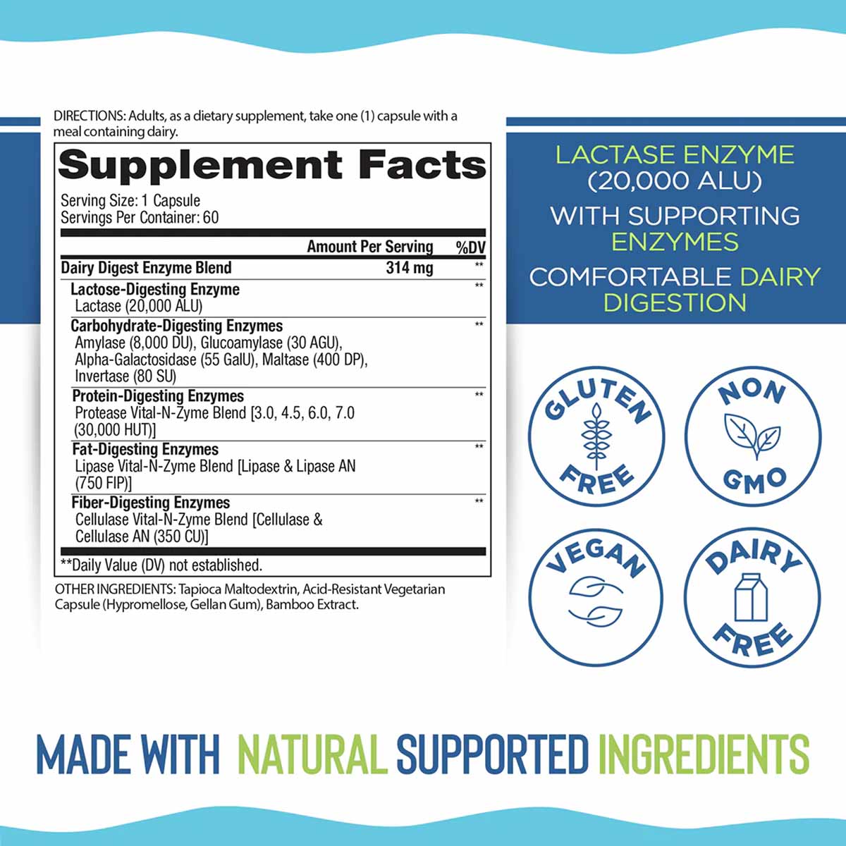 Vital Planet Dairy Digest enzyme supplement label showing directions, supplement facts with lactase and digestive enzymes, an