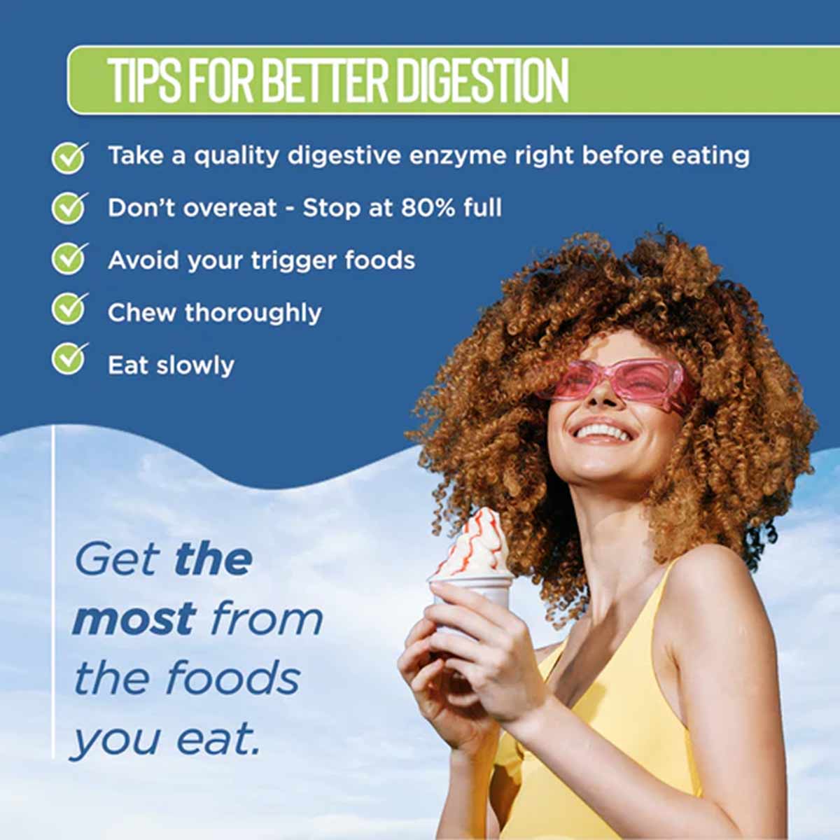 Woman wearing pink sunglasses and yellow top holding ice cream cone with digestion tips text overlay on blue background.