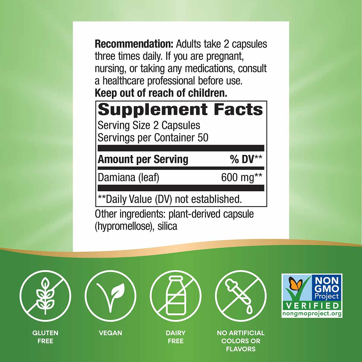 Supplement Facts label for Damiana Leaves capsules showing 600mg per serving, dosage recommendations, and certification badge