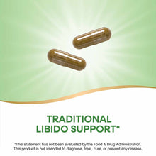 Two brown herbal supplement capsules on a green and white background with text.
