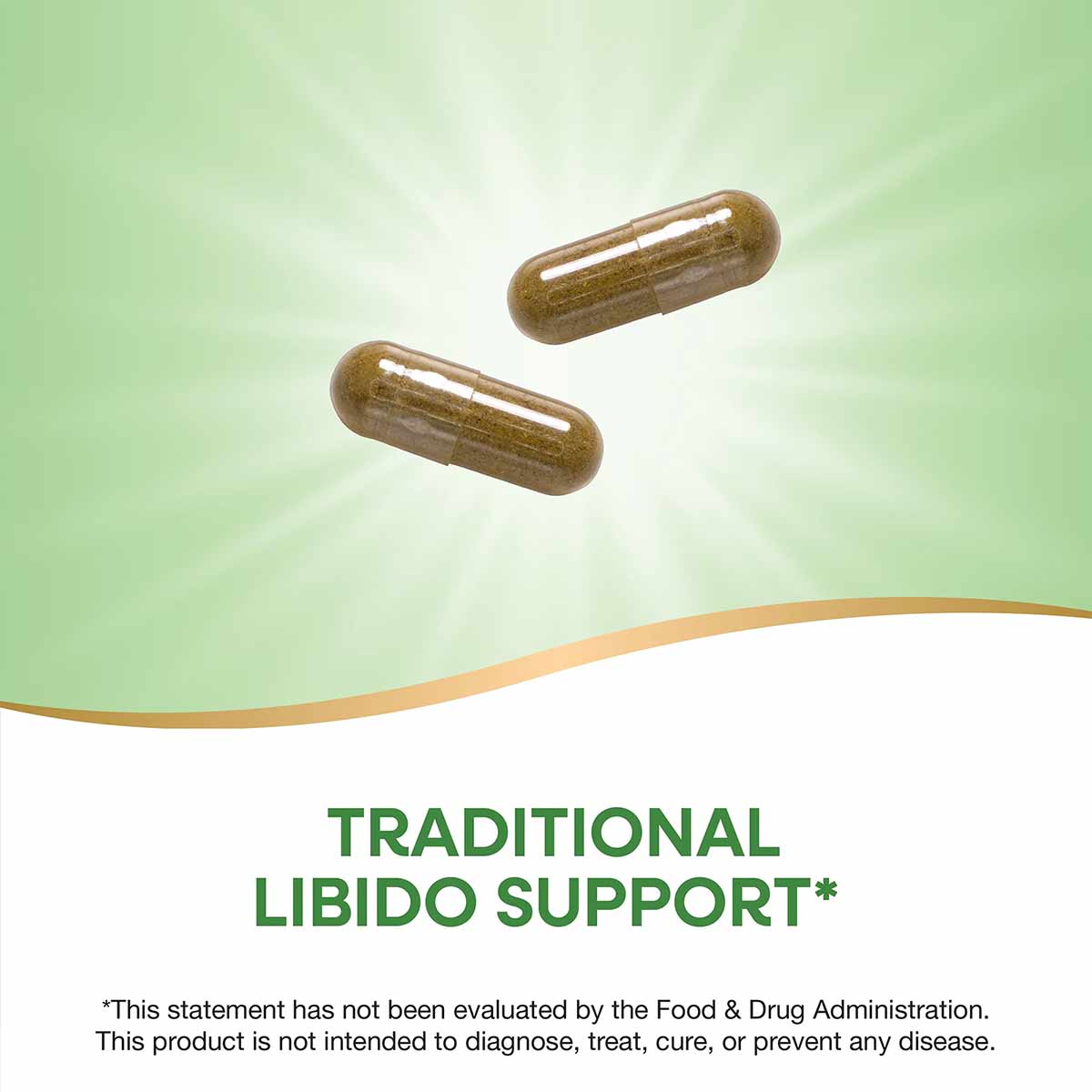 Two brown herbal supplement capsules on a green and white background with text.