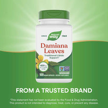 Nature's Way Damiana Leaves bottle with green cap containing 100 vegan capsules at 600mg per serving.