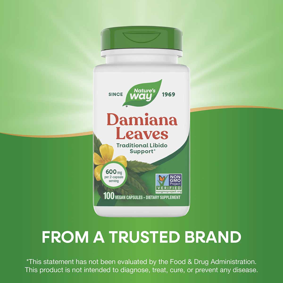 Nature's Way Damiana Leaves bottle with green cap containing 100 vegan capsules at 600mg per serving.
