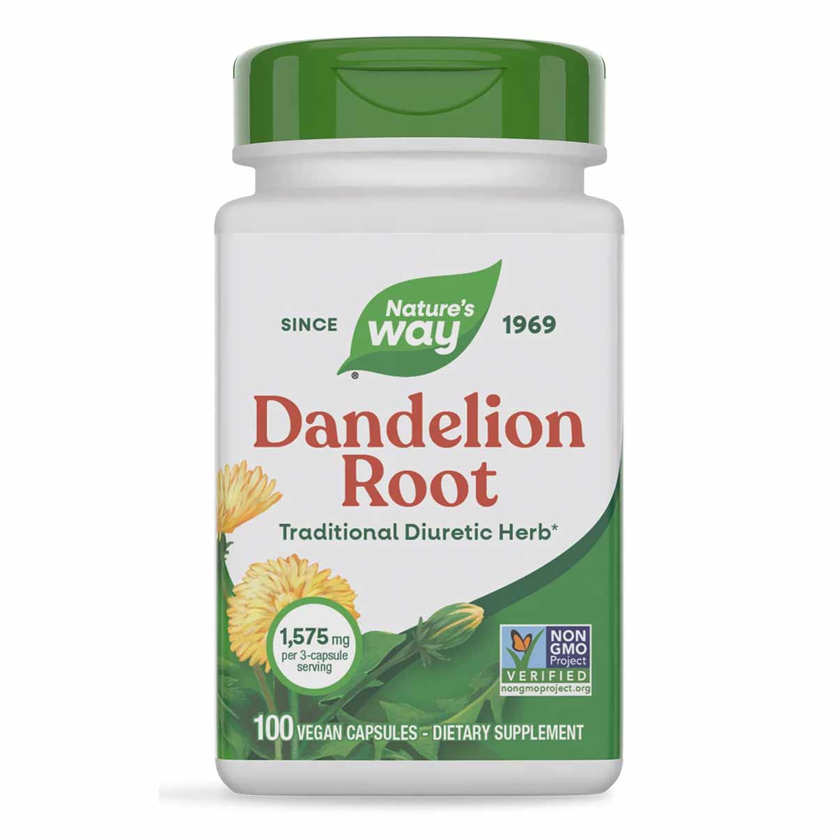 Nature's Way Dandelion Root supplement bottle with green cap, 100 vegan capsules, 1,575 mg per serving.
