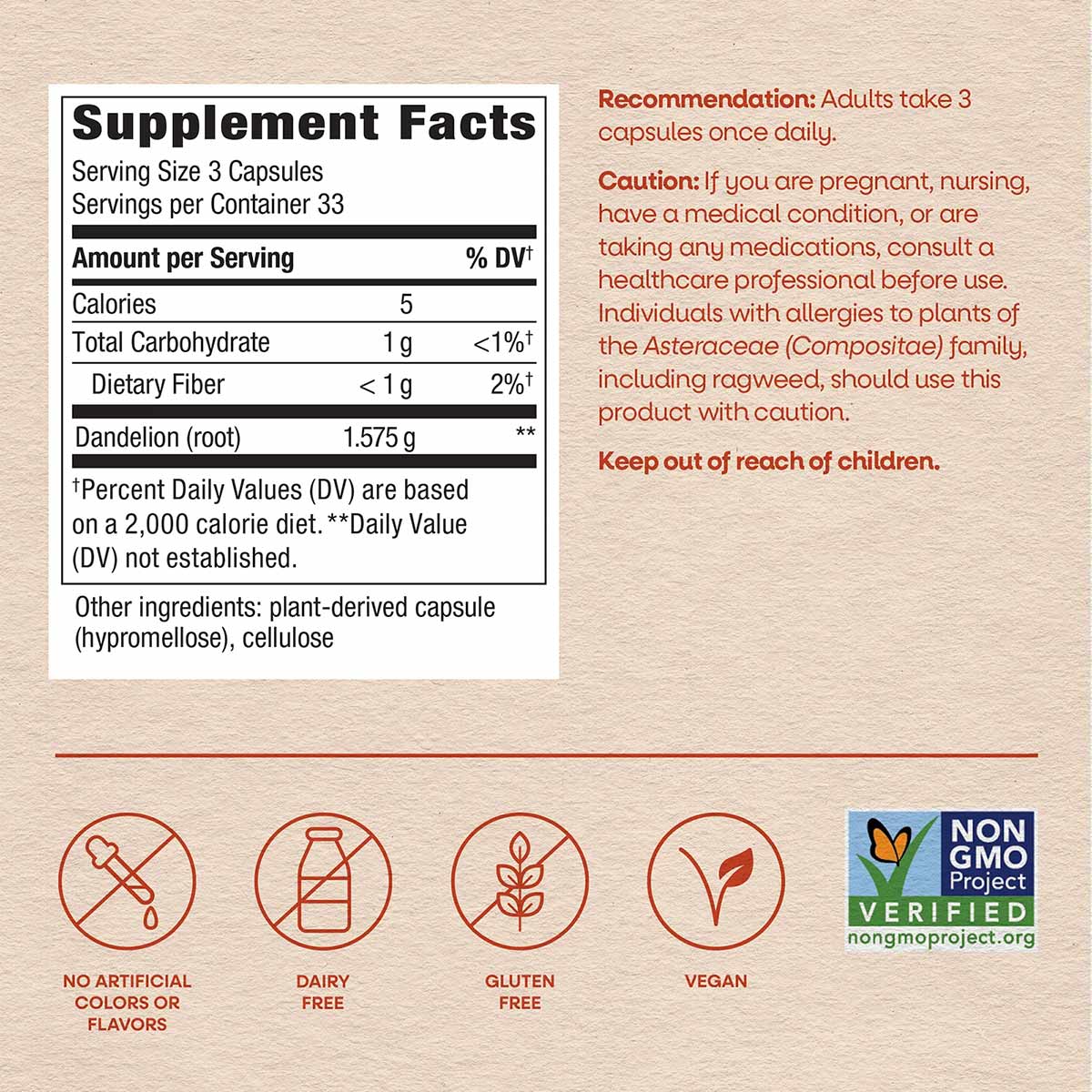 Supplement facts label for Nature's Way Dandelion Root showing serving size, nutritional information, and certification icons