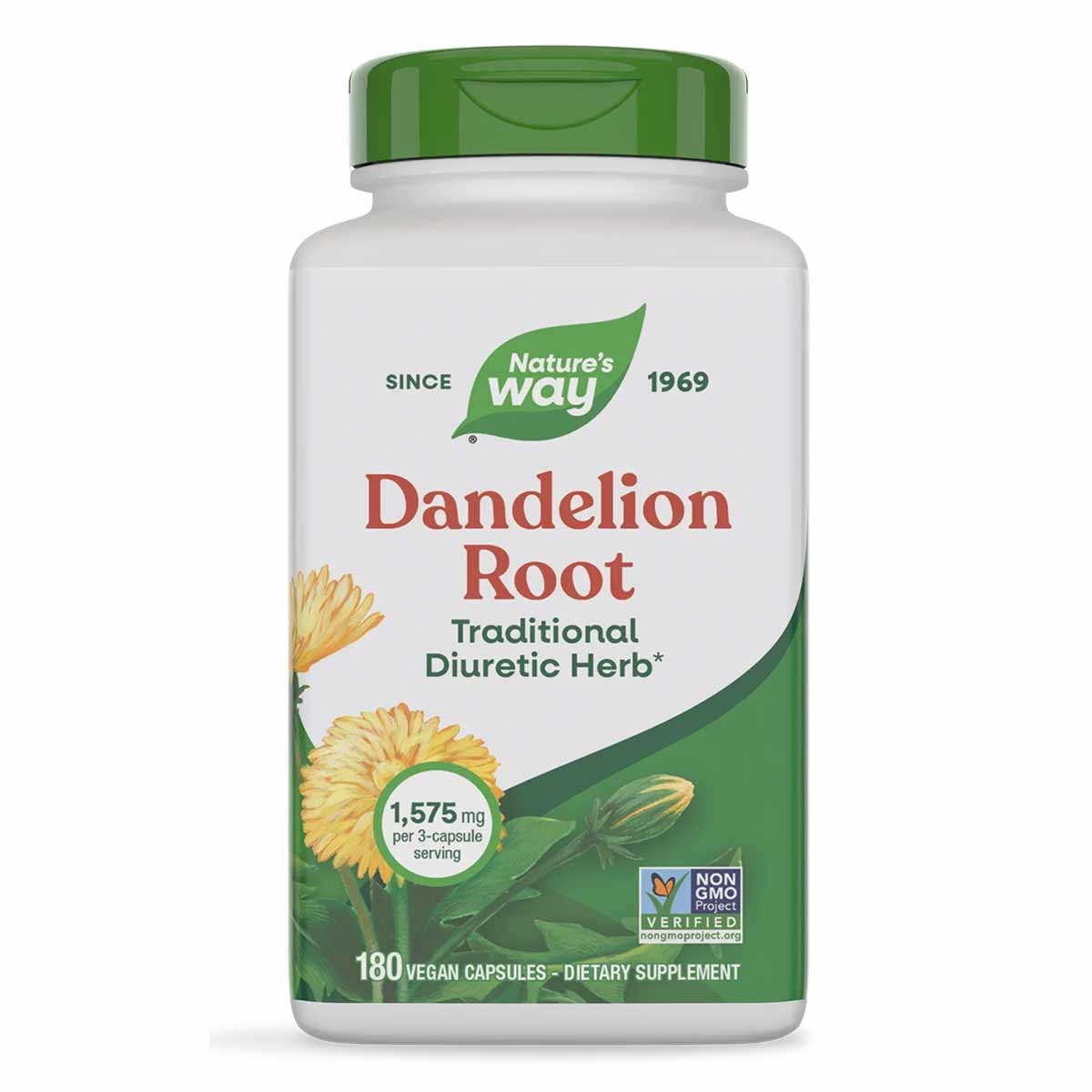 Nature's Way Dandelion Root supplement bottle with green cap containing 180 vegan capsules at 1,575 mg per serving.