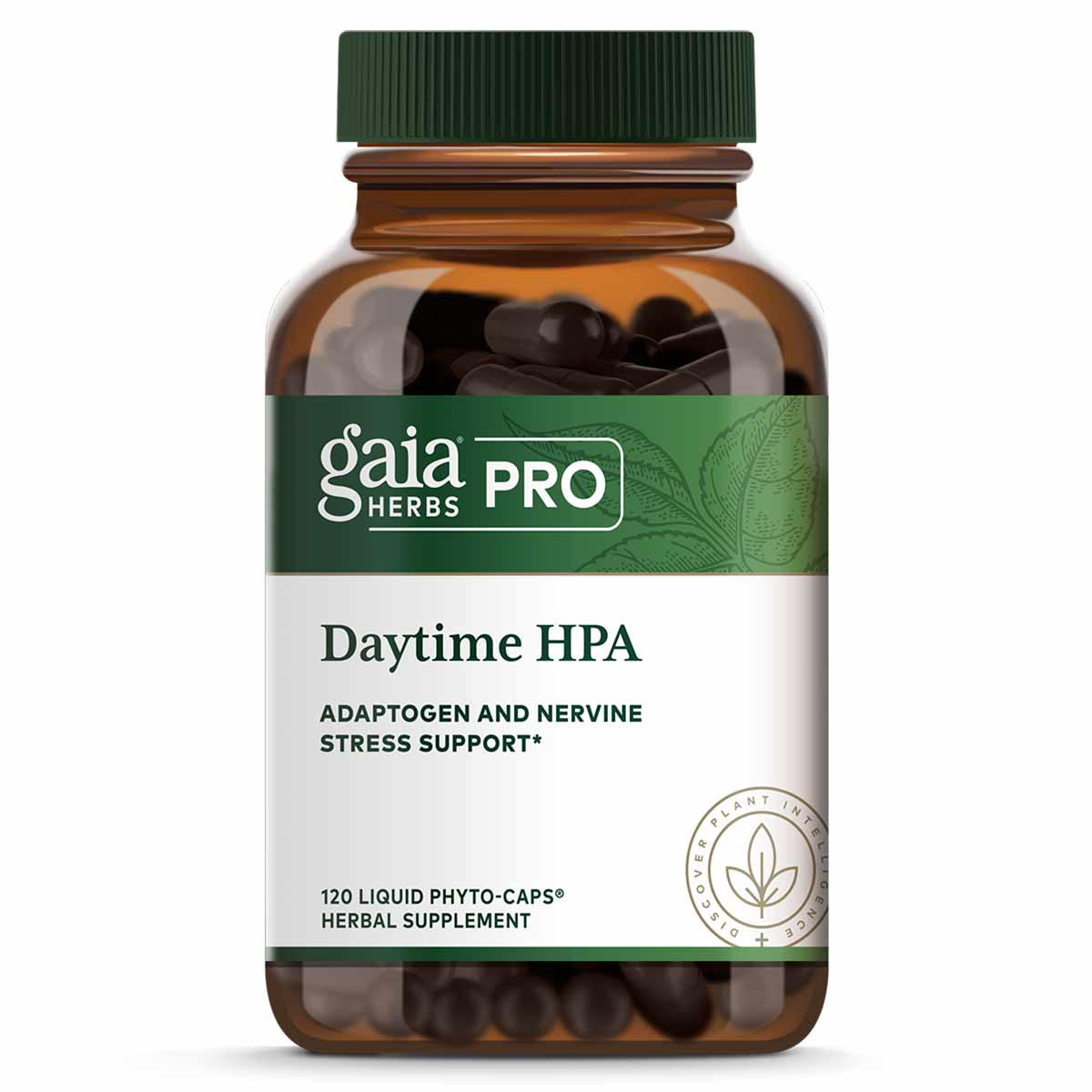 Gaia Herbs Pro Daytime HPA bottle containing 120 dark liquid phyto-caps with green cap and white label.