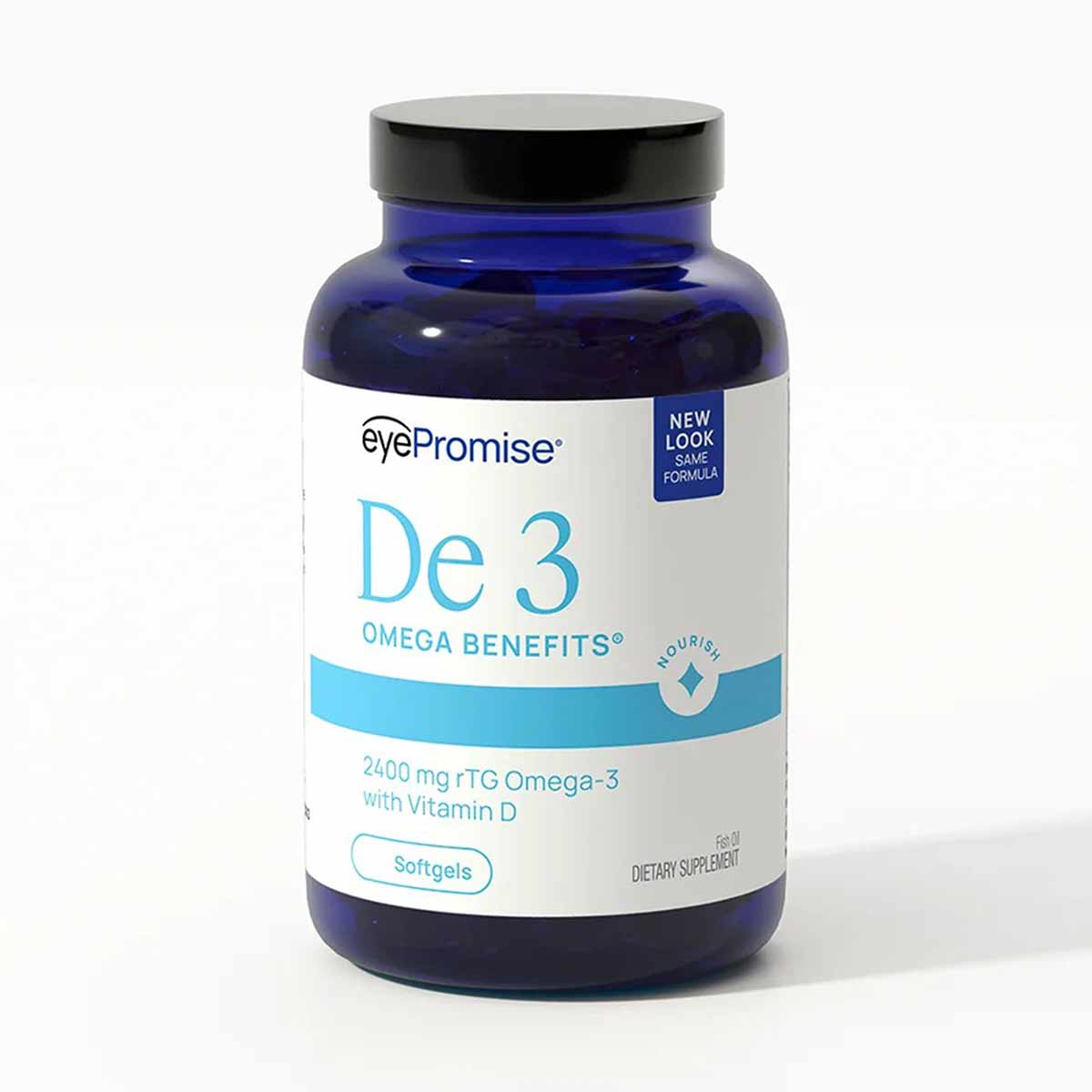 Blue bottle of EyePromise De3 Omega Benefits softgels containing 2400 mg rTG Omega-3 with Vitamin D.