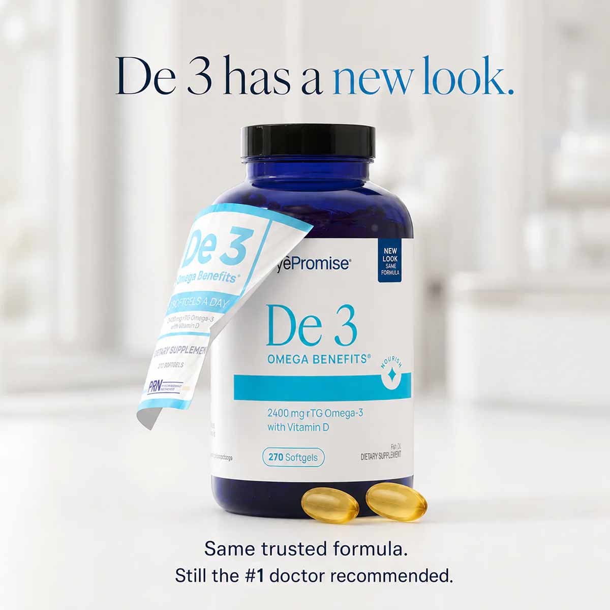 Blue bottle of De3 Omega Benefits softgels with black cap, containing 270 softgels, next to two golden capsules.