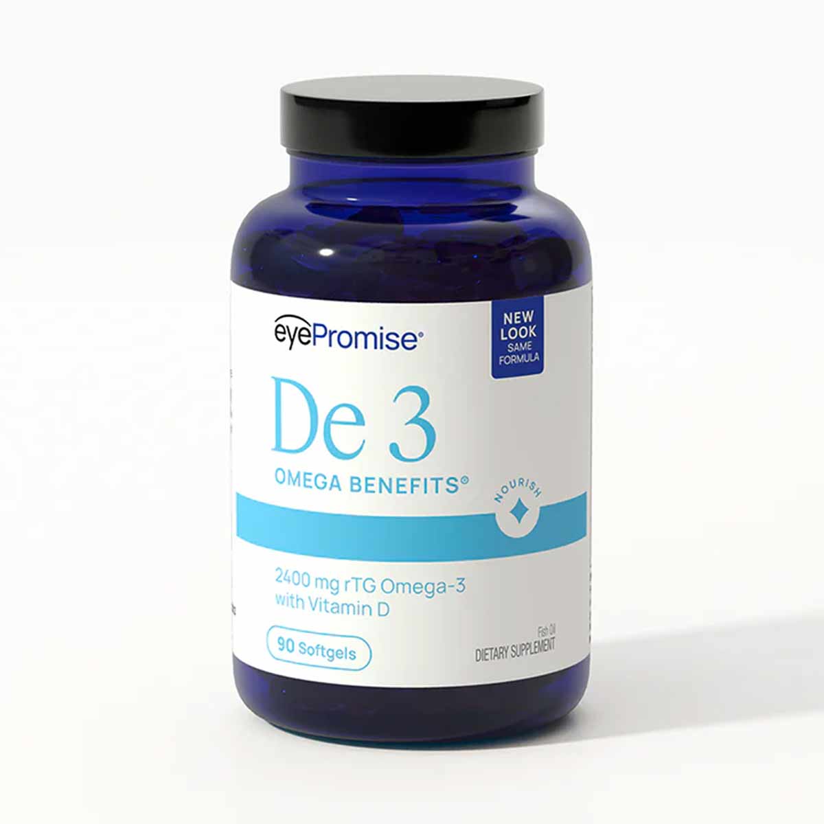 Blue glass bottle of EyePromise De3 Omega Benefits dietary supplement containing 90 softgels with black cap.