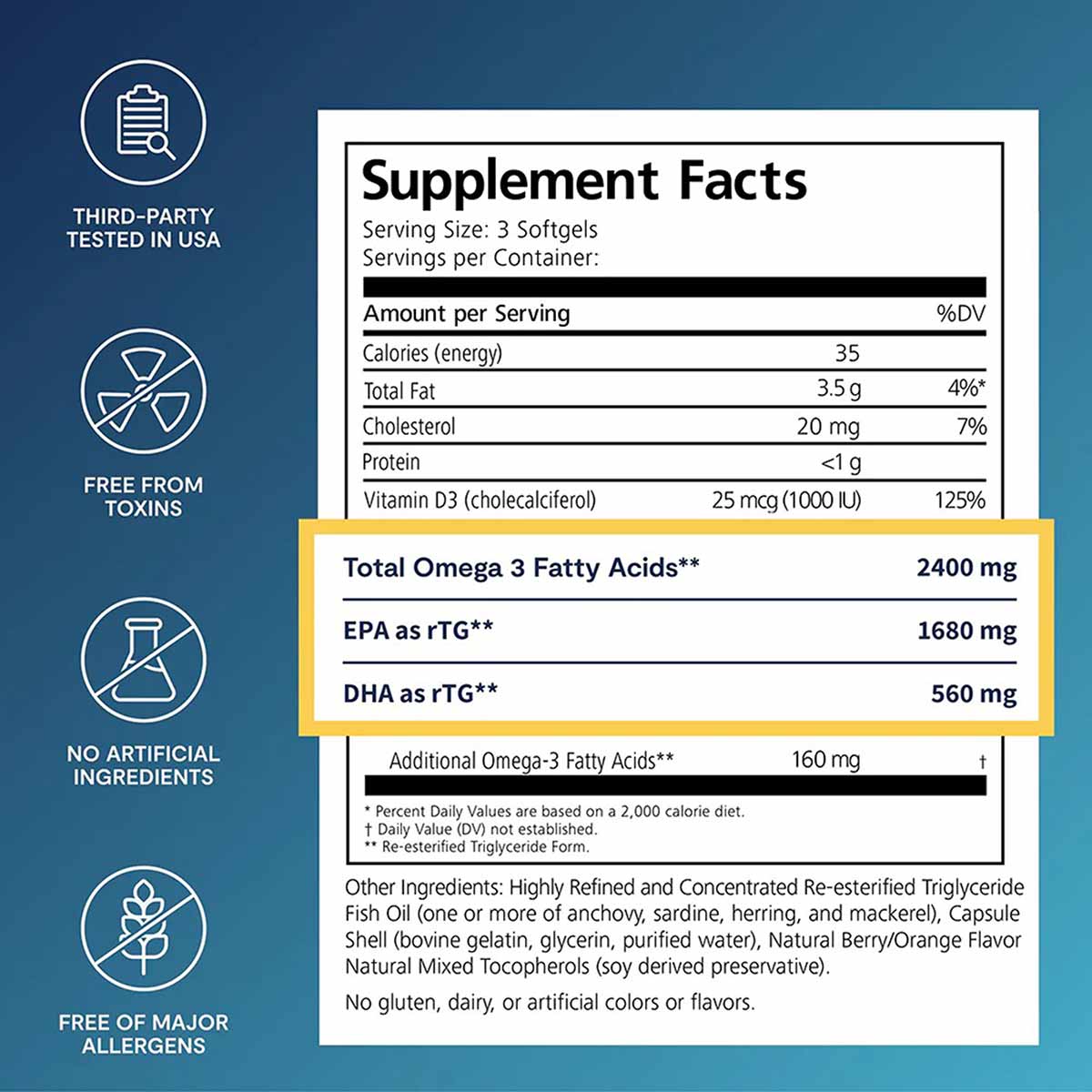 Supplement facts label for De3 omega-3 softgels showing 2400mg total omega-3 fatty acids per serving with third-party testing