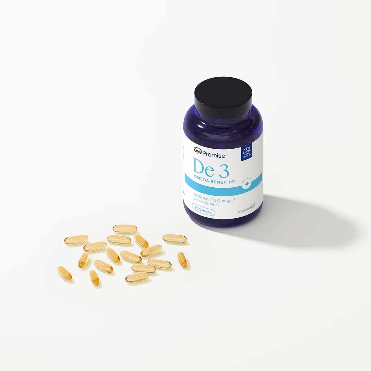 EyePromise De3 supplement bottle with black cap and yellow omega-3 softgel capsules displayed in front.
