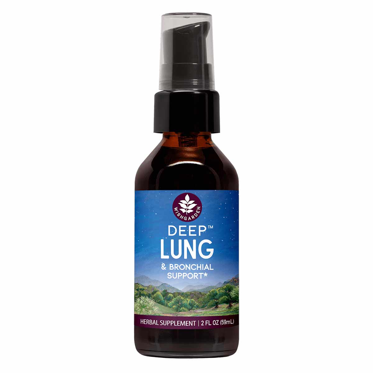 Dark amber spray bottle labeled "Deep Lung & Bronchial Support" by Wishgarden Herbs, 2 fl oz.