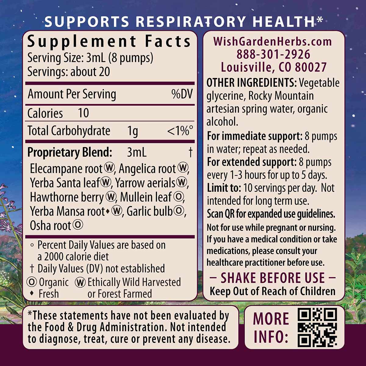 Deep Lung herbal supplement bottle label with supplement facts, ingredients, and usage instructions on blue starry background