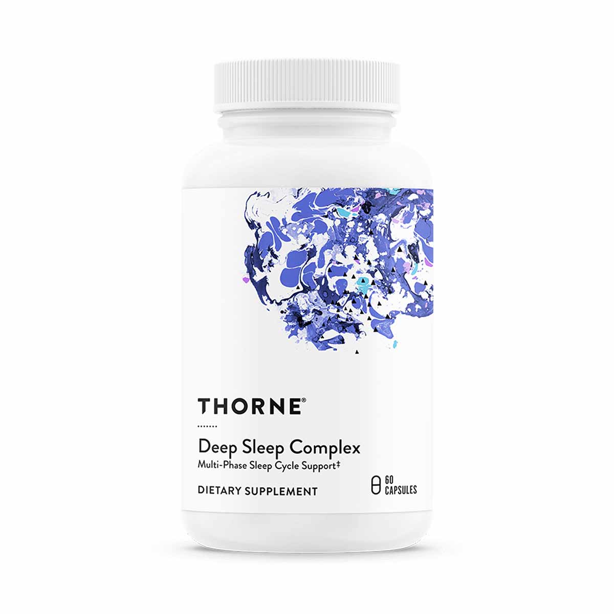 White Thorne Research Deep Sleep Complex bottle with blue abstract design label, 60 capsules, dietary supplement.