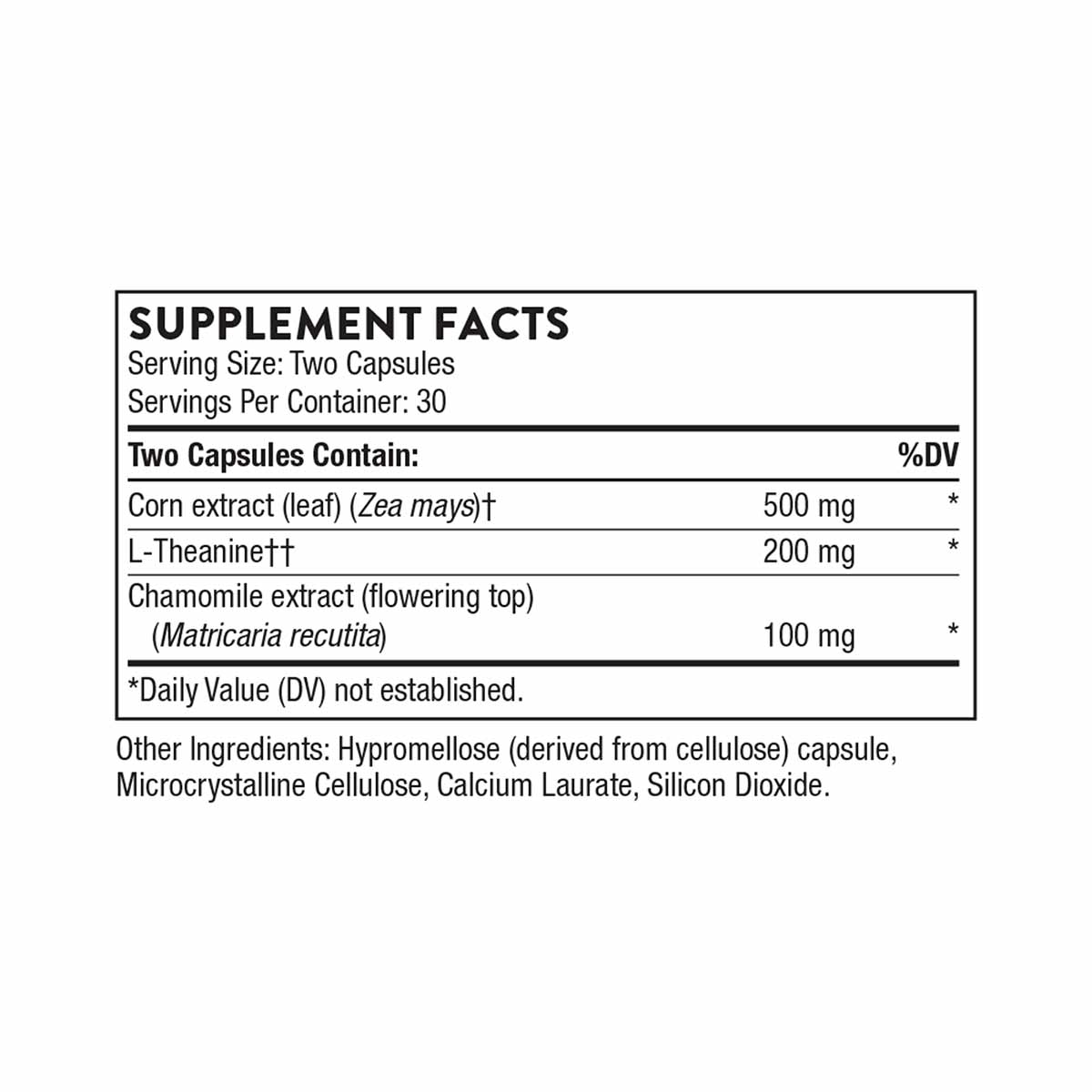 Supplement Facts label for Deep Sleep Complex showing serving size of two capsules, 30 servings per container, with ingredien