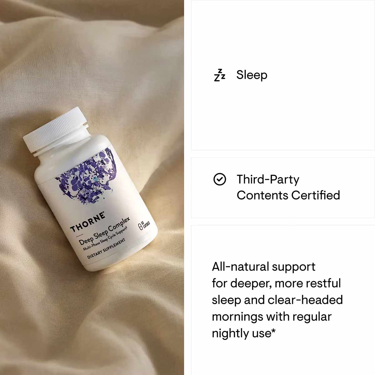 White bottle of Thorne Deep Sleep Complex dietary supplement with purple logo on beige fabric background.