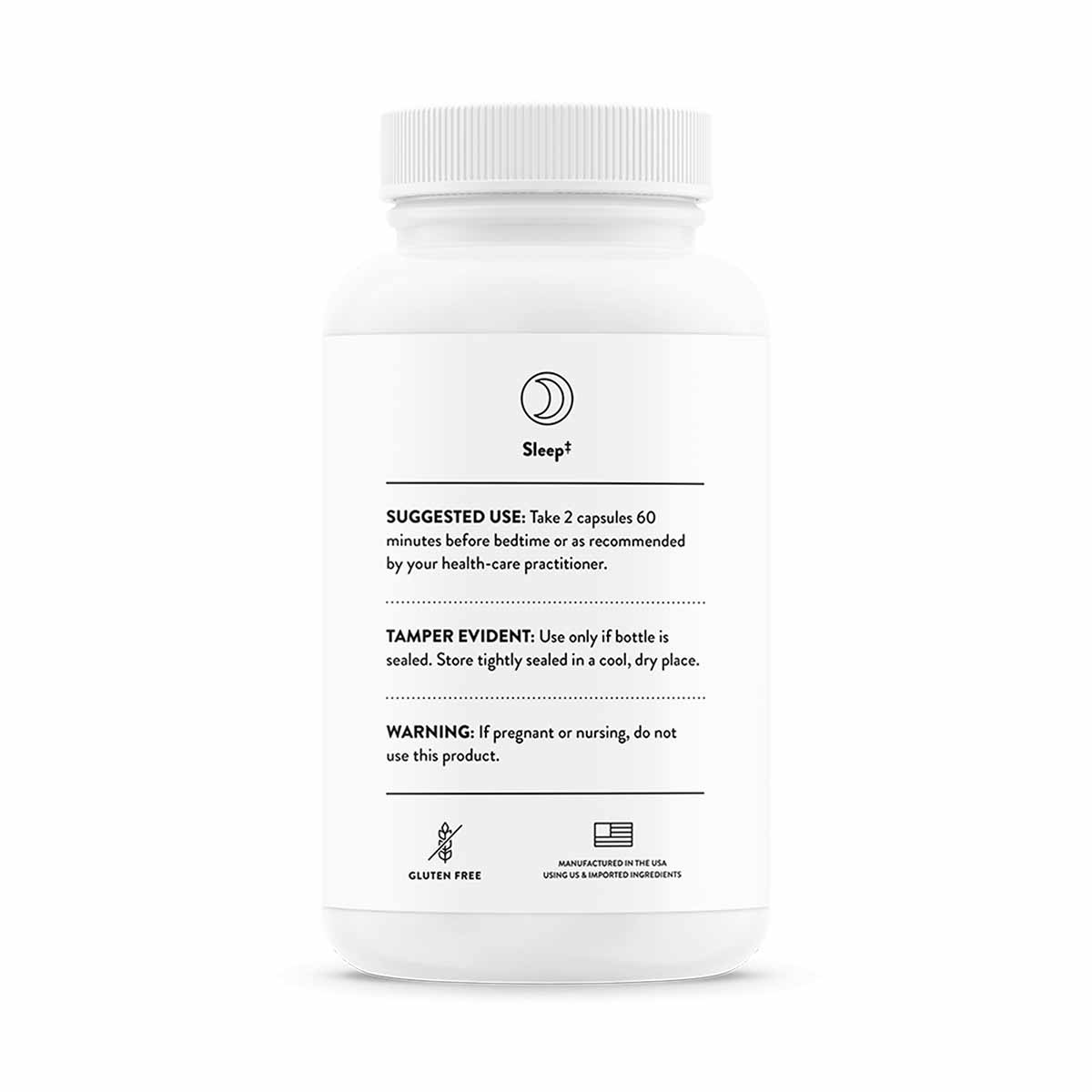 White plastic supplement bottle with white ribbed cap labeled "Sleep†" containing usage and warning information on label.
