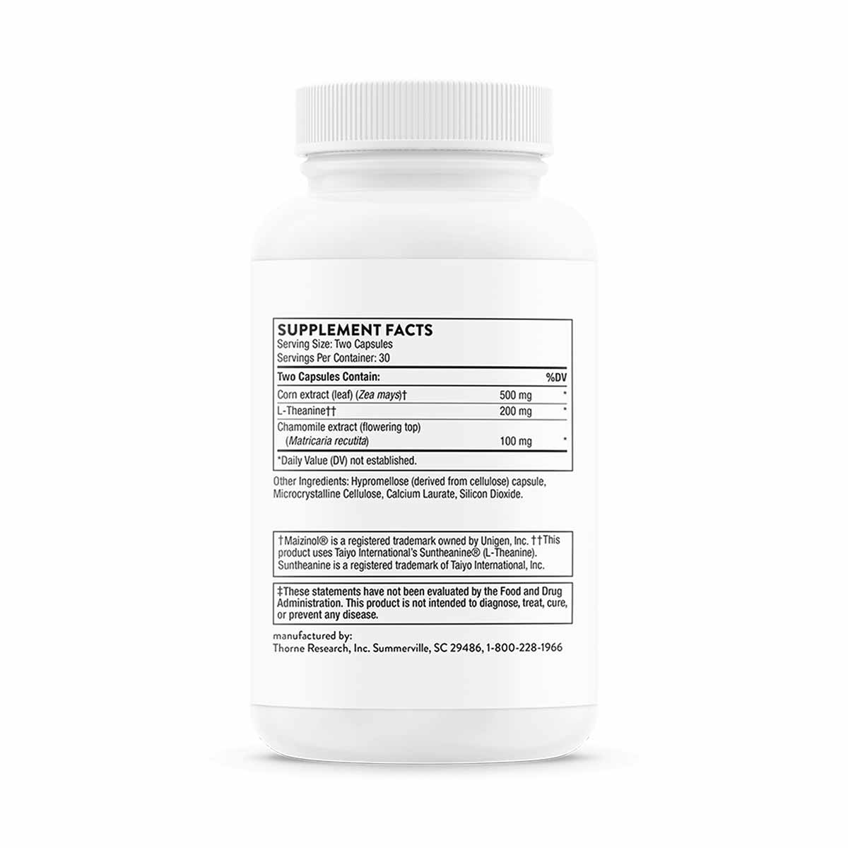 White capsule bottle with ribbed cap displaying Thorne Research Deep Sleep Complex supplement facts label.