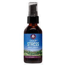 Dark amber glass spray bottle labeled "Deep Stress Daily Calm" by Wishgarden Herbs, 2 fl oz herbal supplement.