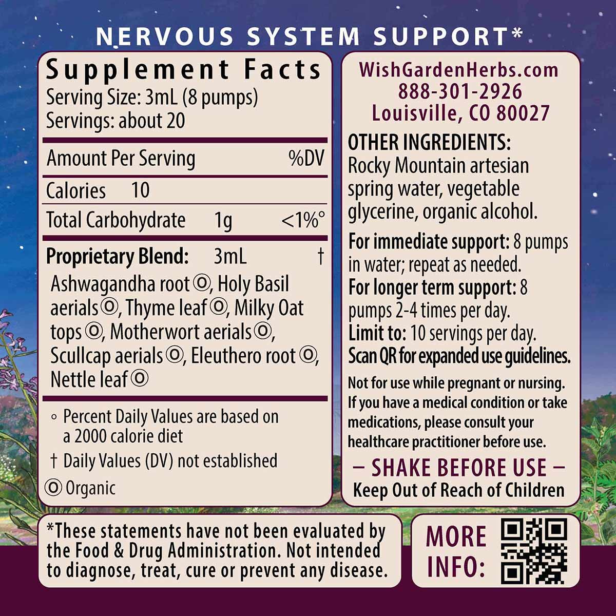 Supplement label for Deep Stress herbal liquid with nervous system support facts, ingredients, and usage instructions on purp