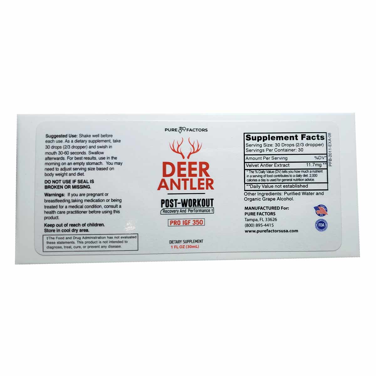 White label for Deer Antler Pro IGF 350 supplement by Pure Factors, 1 FL OZ bottle with red antler logo and supplement facts 