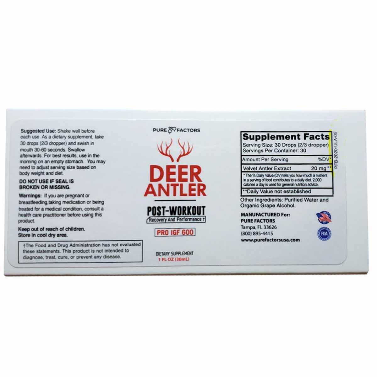 White label for Deer Antler Post-Workout Pro IGF 600 dietary supplement by Pure Factors, 1 fl oz bottle.