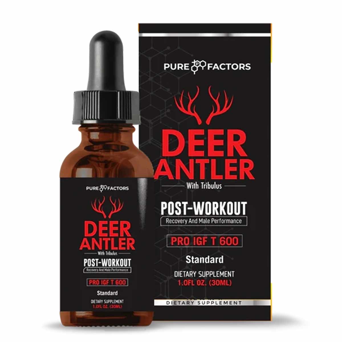 Brown glass dropper bottle of Deer Antler with Tribulus dietary supplement next to black packaging box with red antler logo.