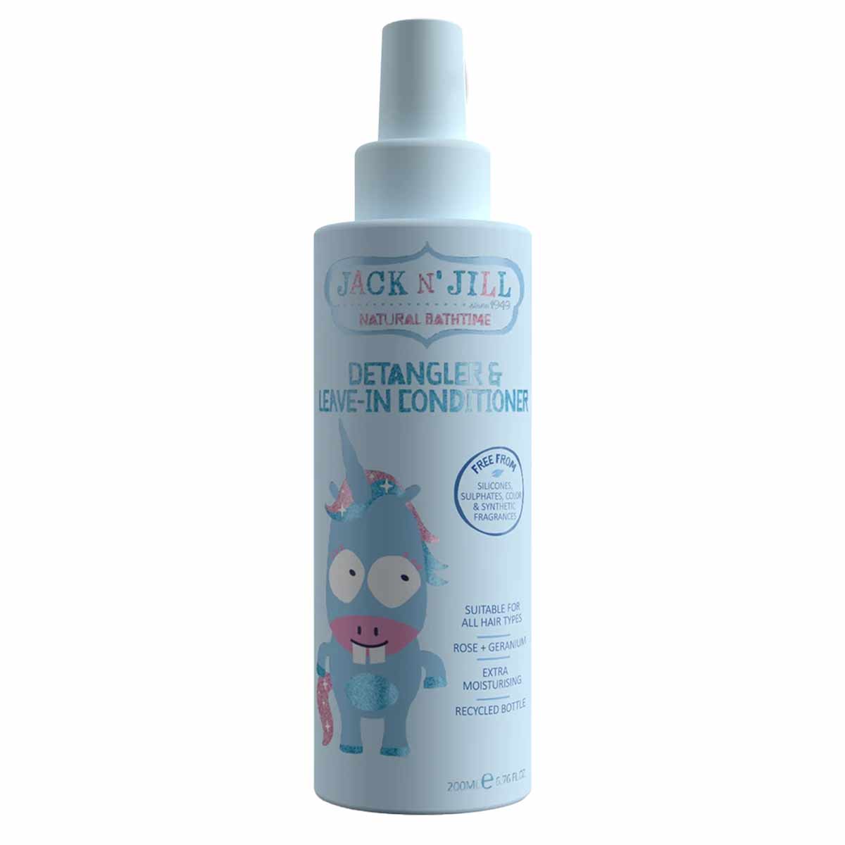 Light blue spray bottle of Jack N' Jill Detangler & Leave-In Conditioner with cartoon character design on label.