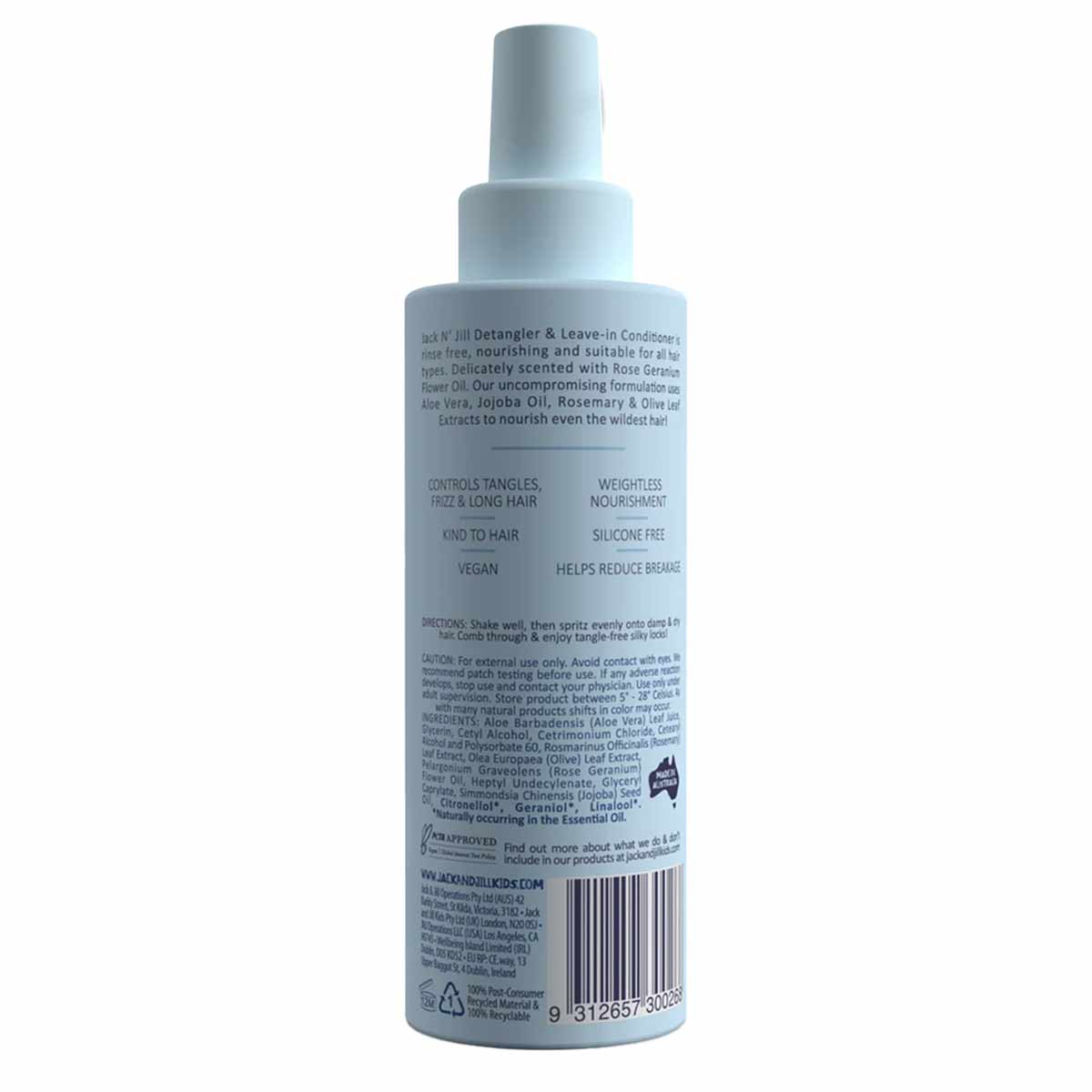 Light blue spray bottle of Jack N' Jill Detangler & Leave-In Conditioner with product information and ingredient list on labe