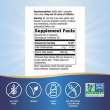 Devil's Claw supplement facts label showing 960 mg per serving, 50 servings per container, with gluten-free, vegan, dairy-fre