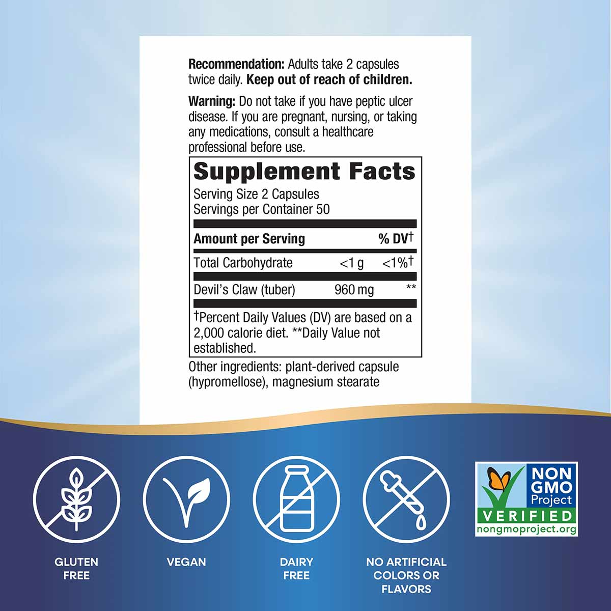 Devil's Claw supplement facts label showing 960 mg per serving, 50 servings per container, with gluten-free, vegan, dairy-fre