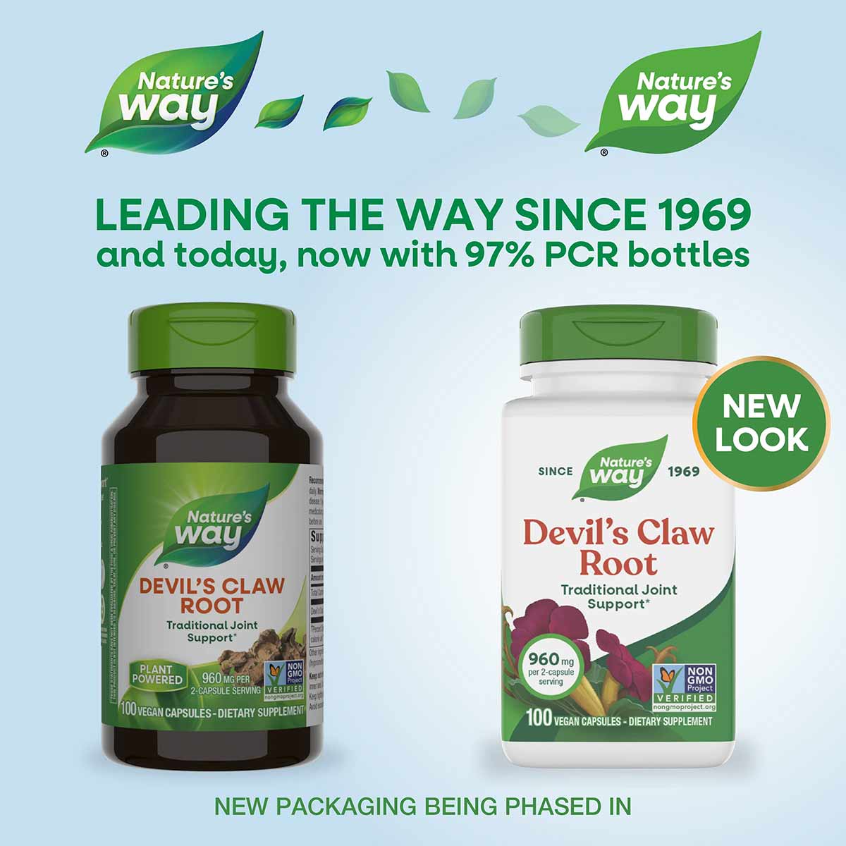 Two Nature's Way Devil's Claw Root supplement bottles with green caps, one dark glass and one white plastic, each containing 