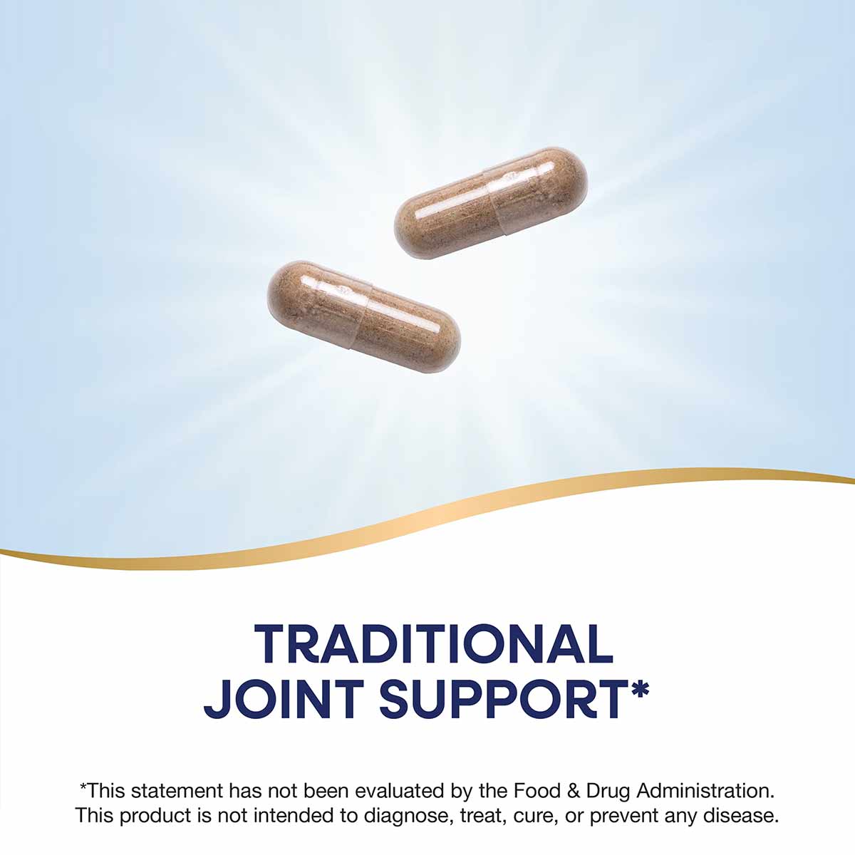 Two brown herbal supplement capsules on a light blue and white background with text indicating traditional joint support.