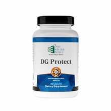 White bottle with black cap labeled "DG Protect" by Ortho Molecular, containing 60 capsules of gastrointestinal health dietar