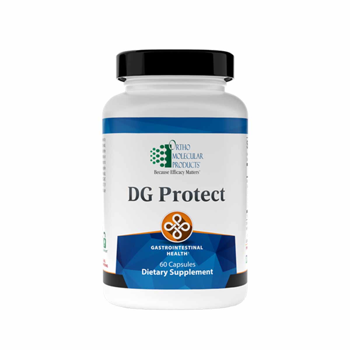 White bottle with black cap labeled "DG Protect" by Ortho Molecular, containing 60 capsules of gastrointestinal health dietar