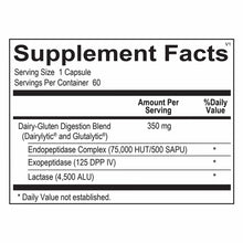 Supplement Facts label for DG Protect showing serving size, ingredients including Dairy-Gluten Digestion Blend, and enzyme am