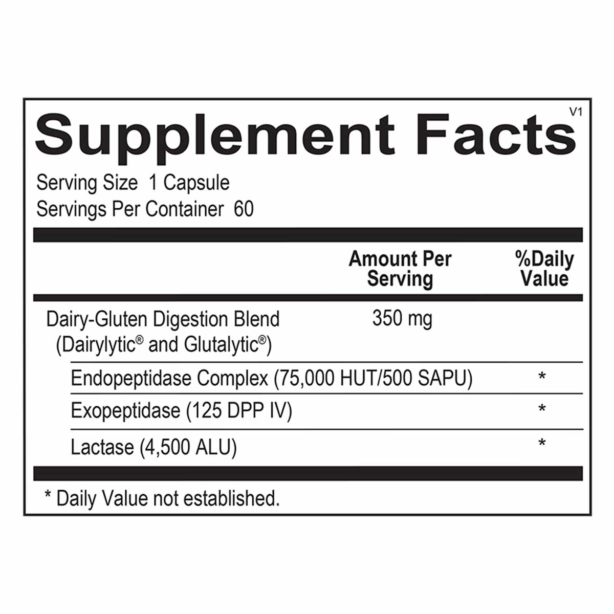 Supplement Facts label for DG Protect showing serving size, ingredients including Dairy-Gluten Digestion Blend, and enzyme am