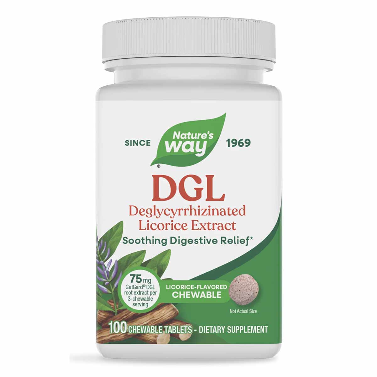 Nature's Way DGL Deglycyrrhizinated Licorice Extract, 100 licorice-flavored chewable tablets.