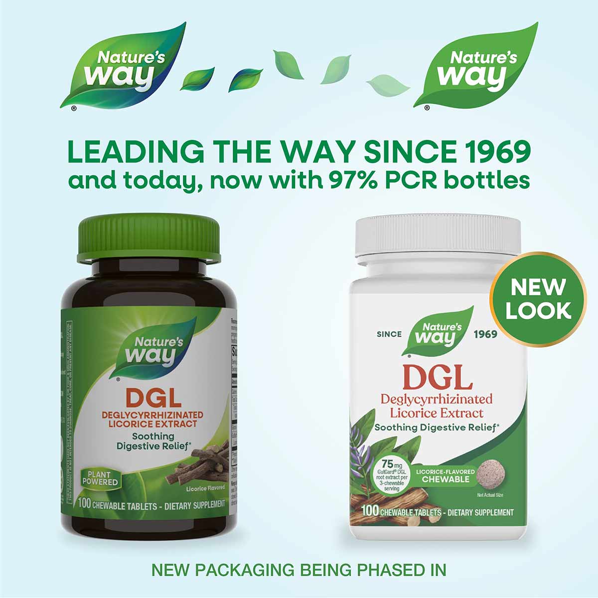 Two bottles of Nature's Way DGL Licorice Extract dietary supplement in dark glass and white plastic containers with green cap