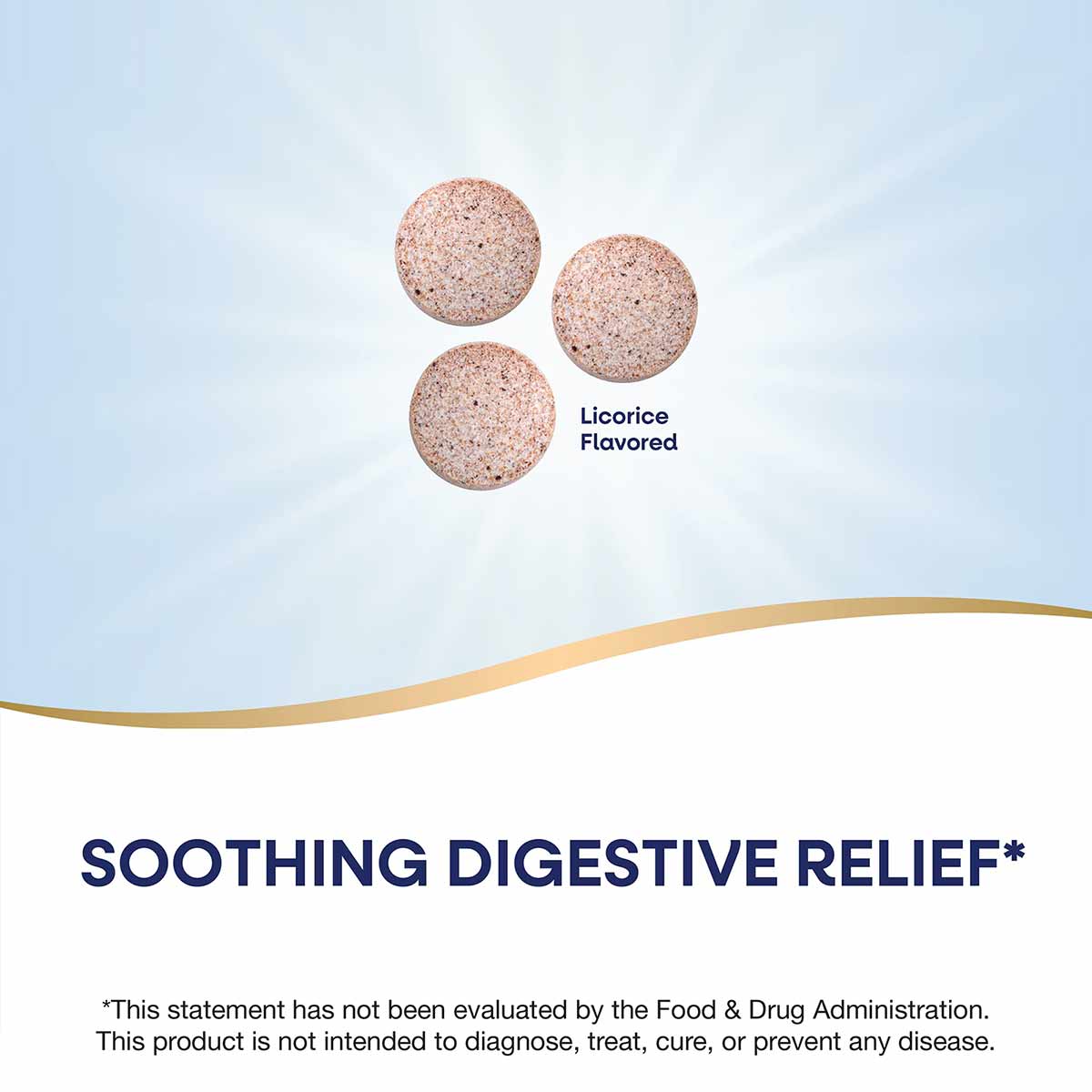 Three round, speckled tan lozenges labeled licorice flavored against a light blue background.