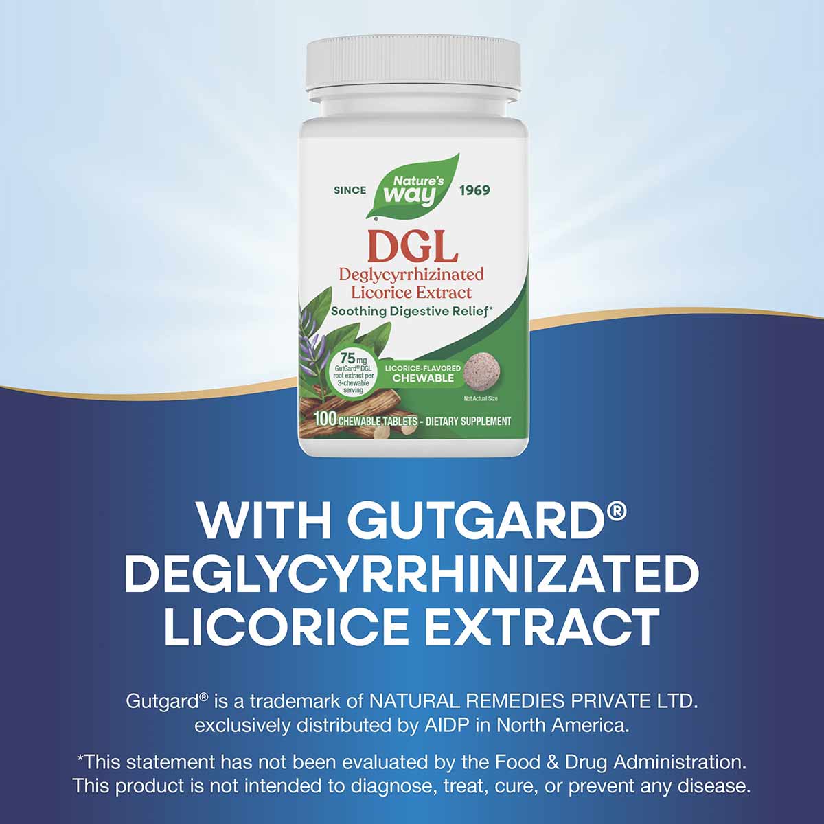 Nature's Way DGL Licorice Extract bottle with white cap containing 100 licorice-flavored chewable tablets.