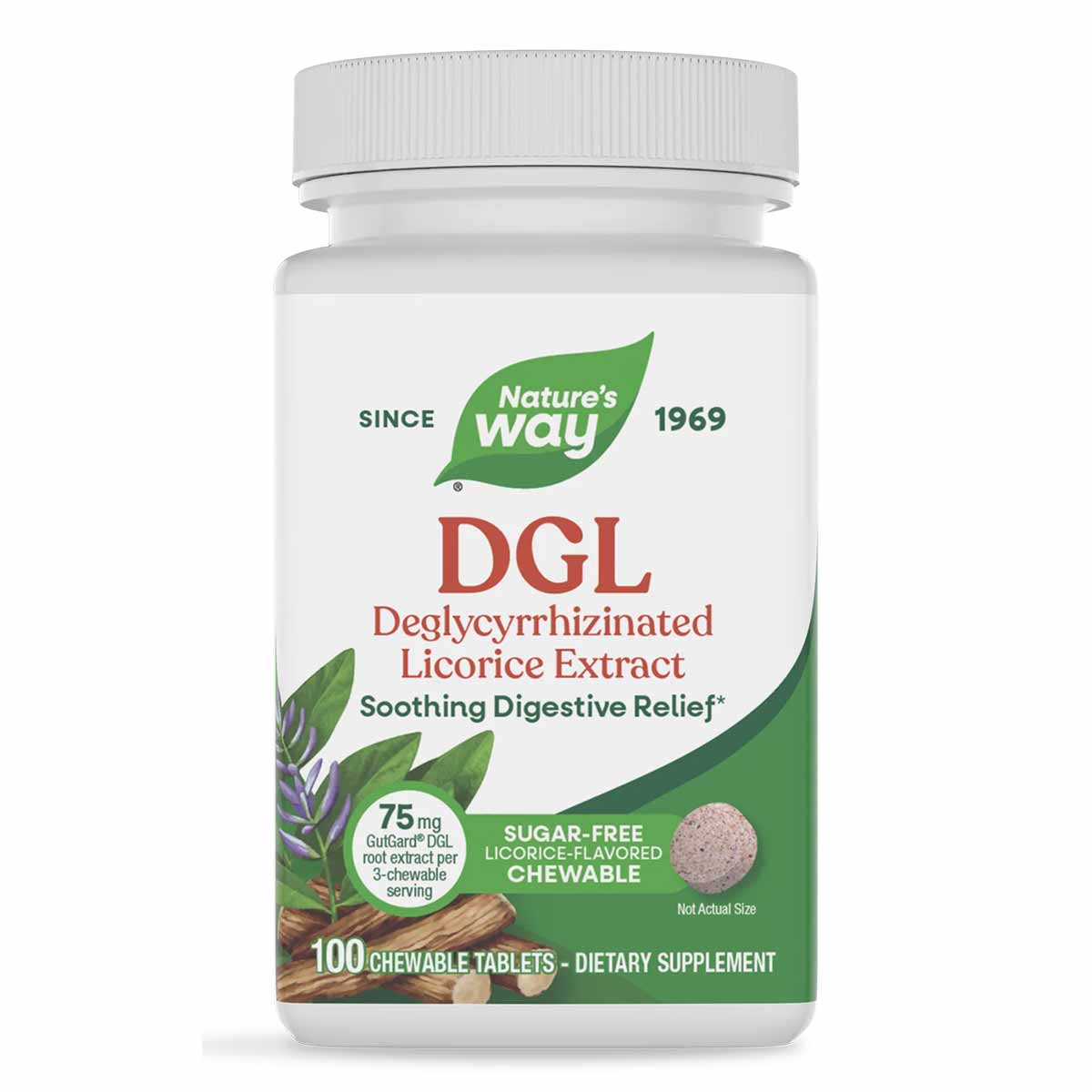 Nature's Way DGL deglycyrrhizinated licorice extract chewable tablets in white bottle with green and red label.
