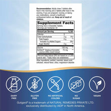 DGL Sugar Free supplement facts label showing chewable tablets with icons indicating dairy free, gluten free, no artificial c