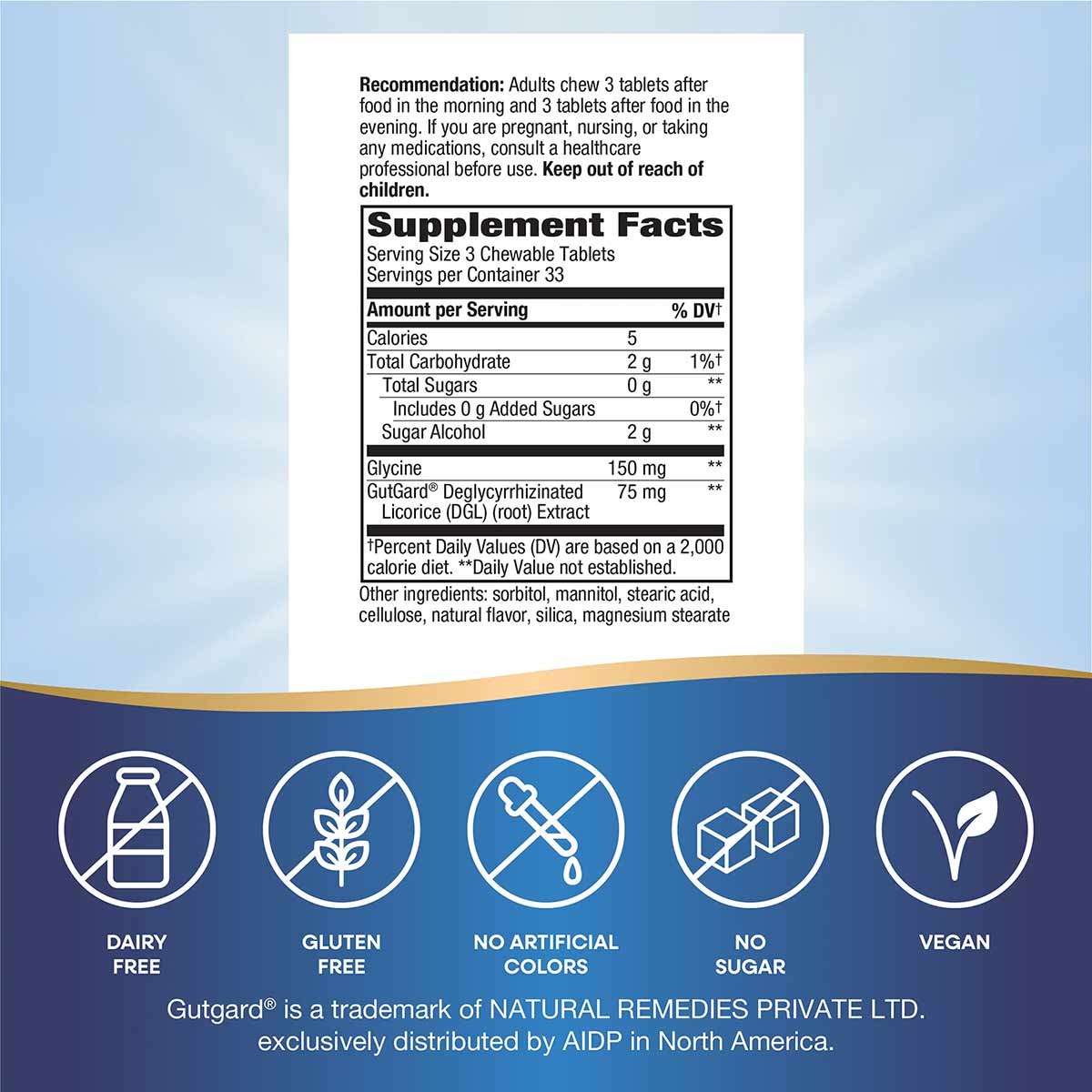 DGL Sugar Free supplement facts label showing chewable tablets with icons indicating dairy free, gluten free, no artificial c