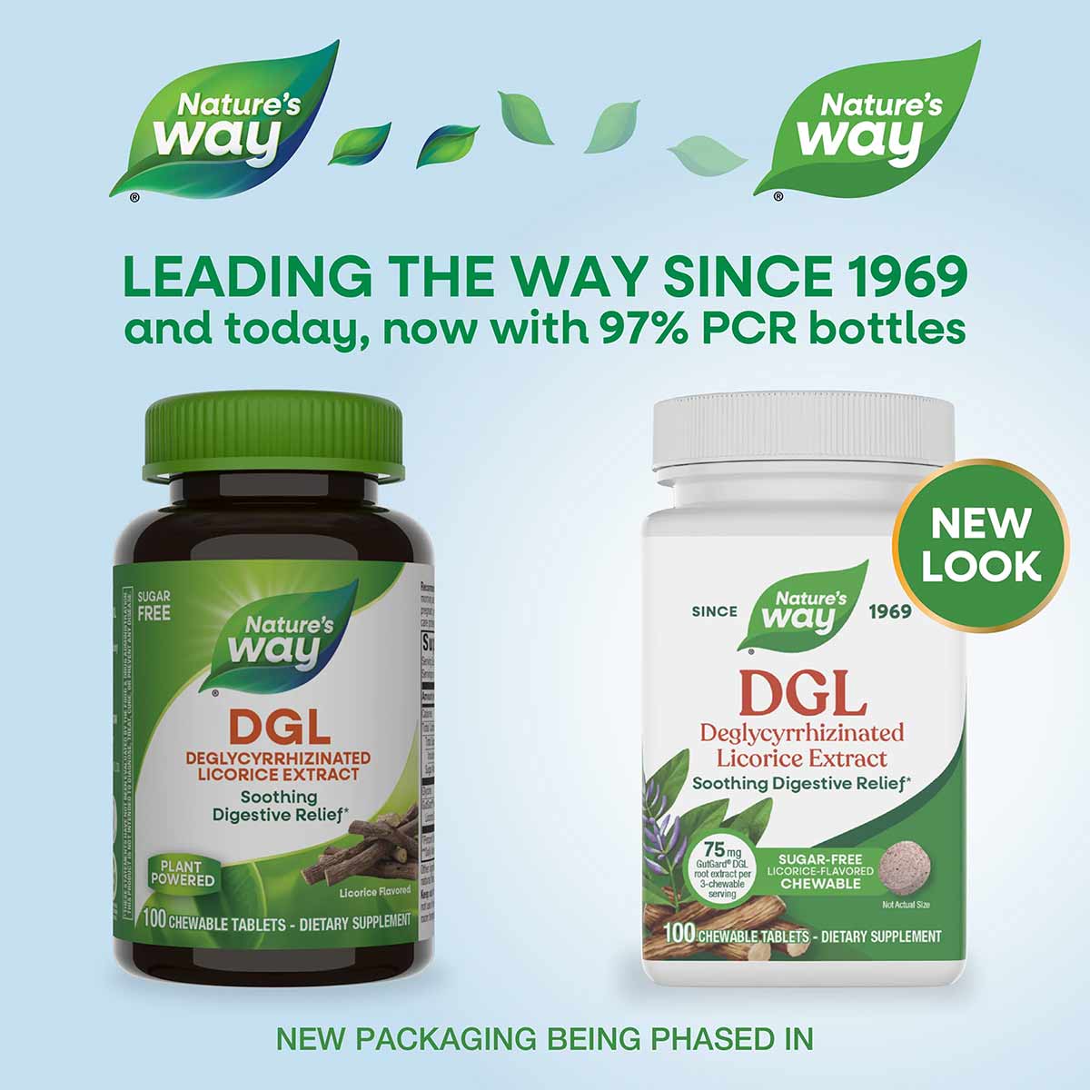 Two bottles of Nature's Way DGL Deglycyrrhizinated Licorice Extract chewable tablets, one with dark green label and one with 